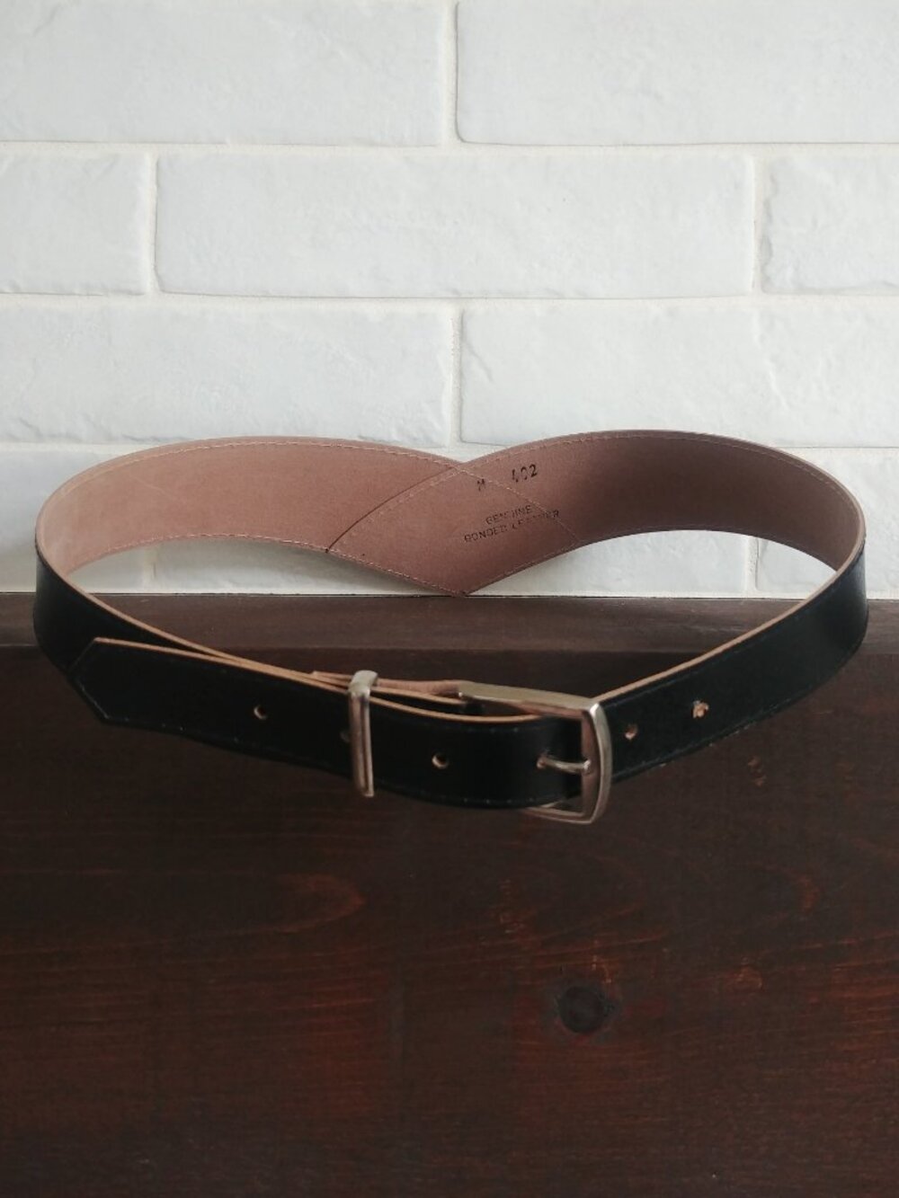 Genuine smooth bonded leather black waist belt with V curve silver buckle M